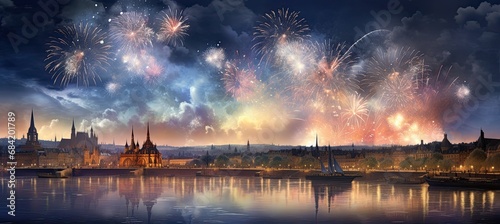 A breathtaking panorama of Glow of New Year s Fireworks  beautiful header image --ar 9 4 --v 5.2 Job ID  3cc12297-67d6-4d10-87eb-7e9f4b4d7213