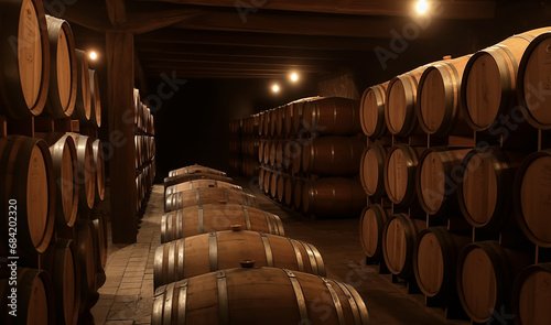 Wine barrels in a wine cellar. Oak Wine Barrels in winemaking and Winery Barrel room. Wooden oak barrels with whiskey in storage, Vintage Wine in an old barrel. Wood Wines Barrels In Winery Cellar. photo