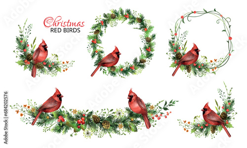 Christmas set with garlands, pine wreaths and red cardinal birds. photo