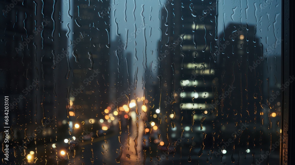 Water condensation on glass window, with blur background of city at night.