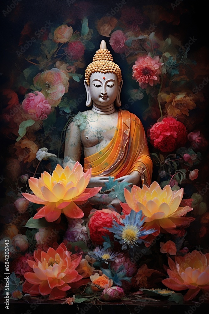 Buddha statue with lotus flower on background
