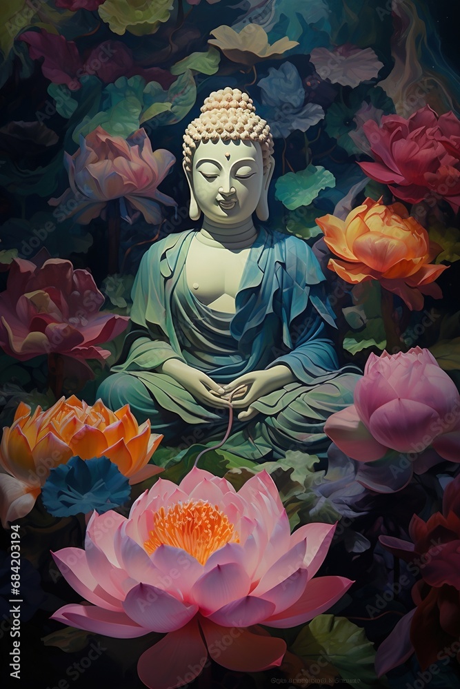 Buddha statue with lotus flower on background