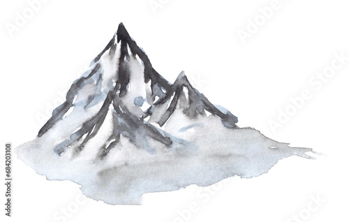 Loose watercolor moutains in blue grey colors.Scape with hills and mountains isolated on white background.Aquarelle element environment concept.