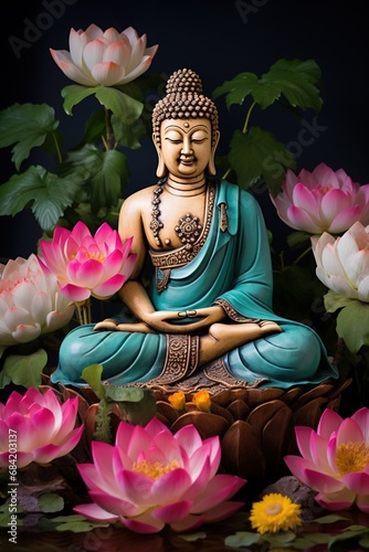 Buddha statue with lotus flower on background
