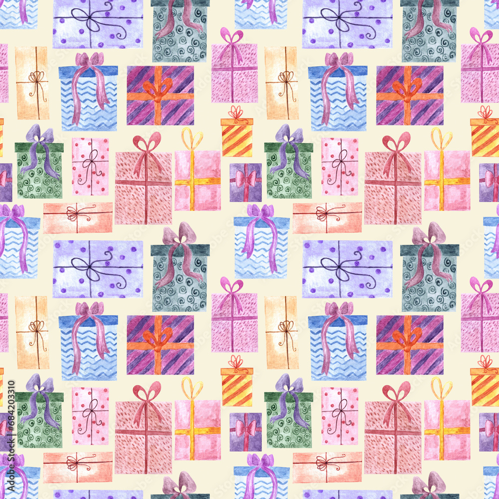 Hand drawn watercolor seamless pattern with group of gift boxes in different wrapping papers and bows on yellow beige backdrop.Birthday christmas x-mas background