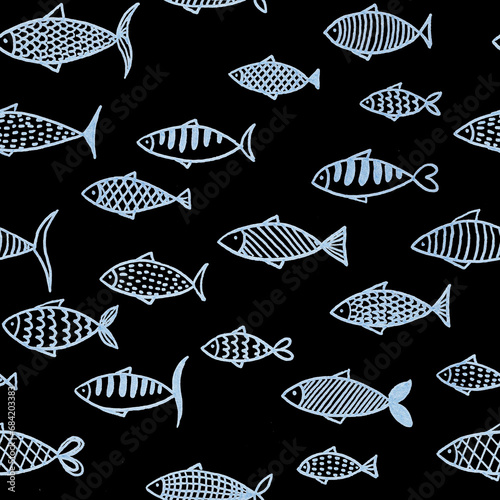 Hand drawn line art seamless pattern with many blue lined different fish on black background.Print cards,invitations,design