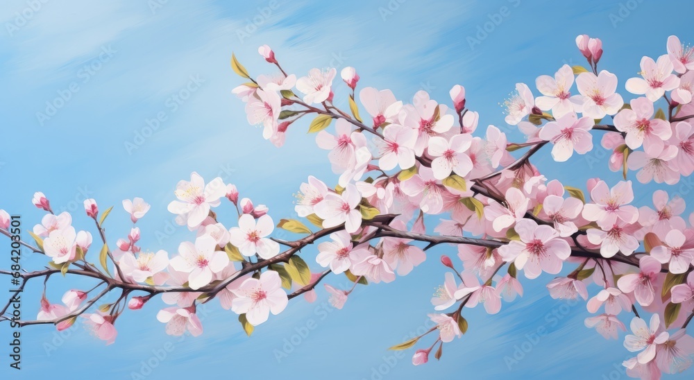 Experience the Tranquility: Exquisite Apple Blossom Branch against Serene Blue Sky Generative AI