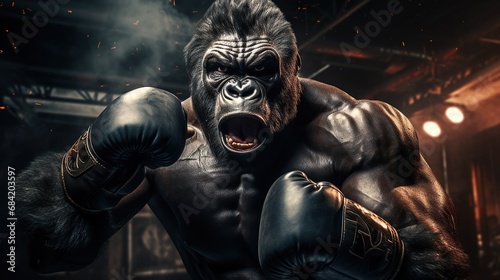 Fotografie, Tablou Masculine gorilla wants to fight wearing boxing gloves