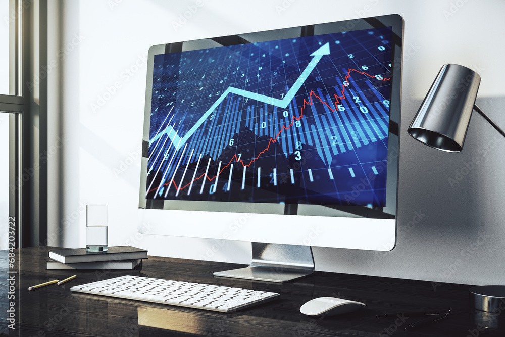 Computer monitor with abstract creative financial graph and upward arrow, financial and trading concept. 3D Rendering