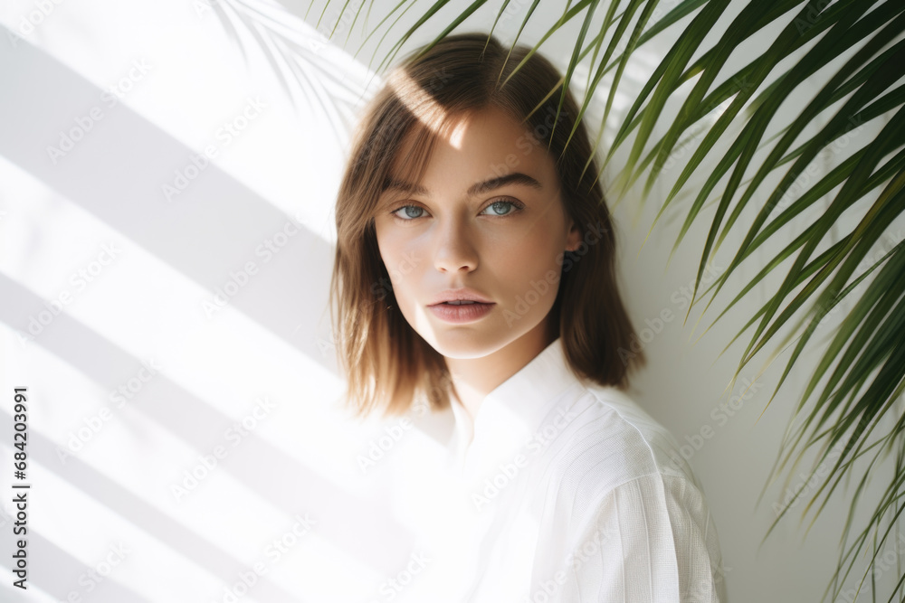 Beautiful fashionable young woman portrait poses near white wall with palm leaf shadow. Beautiful fashionable young woman portrait poses near white wall with palm leaf shadow.