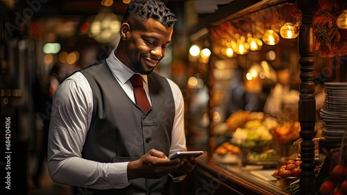 Streamlined Coffee Shop Management. Black Manager Utilizing Tablet for Seamless Operations 