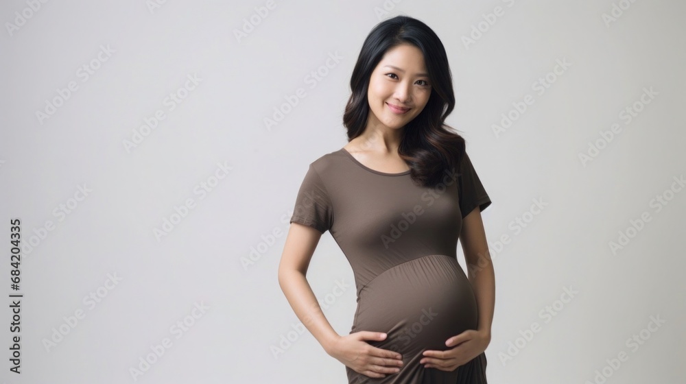 Naklejka premium A photo of a pregnant woman in a casual pose with smilling against a plain white backdrop