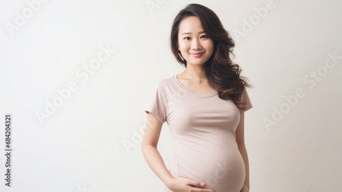 A photo of a pregnant woman in a casual pose with smilling against a plain white backdrop © Kumblack