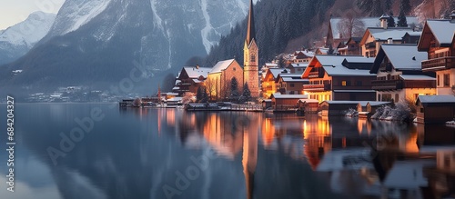 Hallstatt village in Austrian Alps. Houses and mountains are reflected in the lake. Beautiful autumn landscape photo