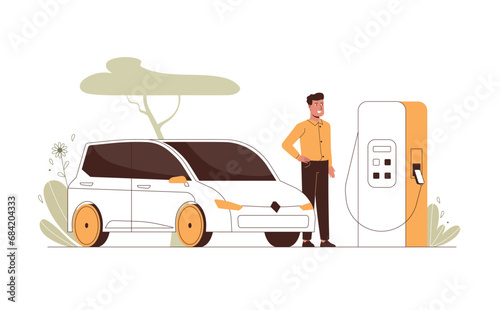 Modern electric car at the charging station. Electric vehicle illustration. Vector flat design.