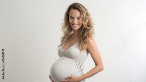 A photo of a pregnant woman in a casual pose with smilling against a plain white backdrop Free Download A photo of a pregnant woman in a casual pose with smilling against a plain white backdrop - GFXLoad