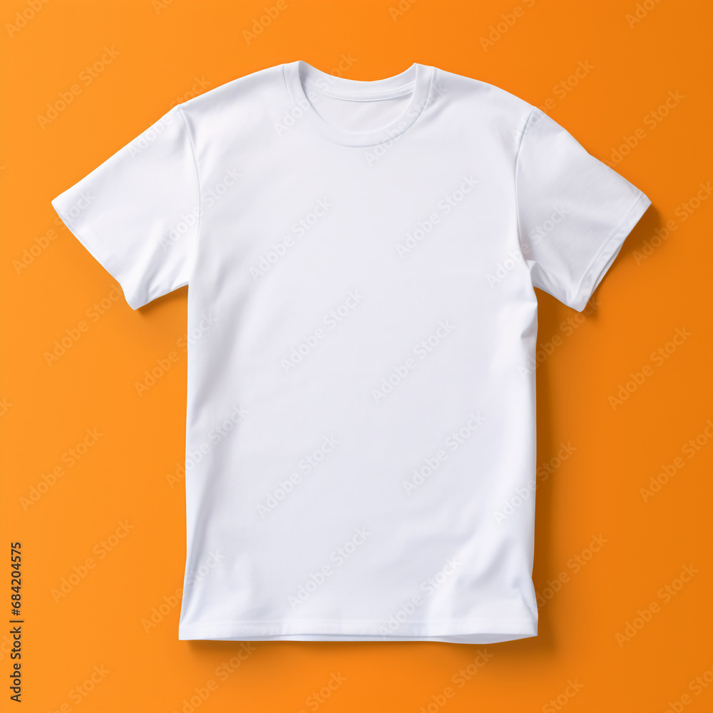 white T-shirt mock up for custom prints basic print on demand template isolated on orange background for advertising white T-shirt mock up for custom prints basic print on demand template isolated on orange background for advertising