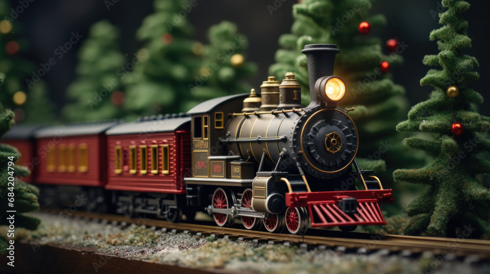Miniature Toy Train Around a Christmas Tree