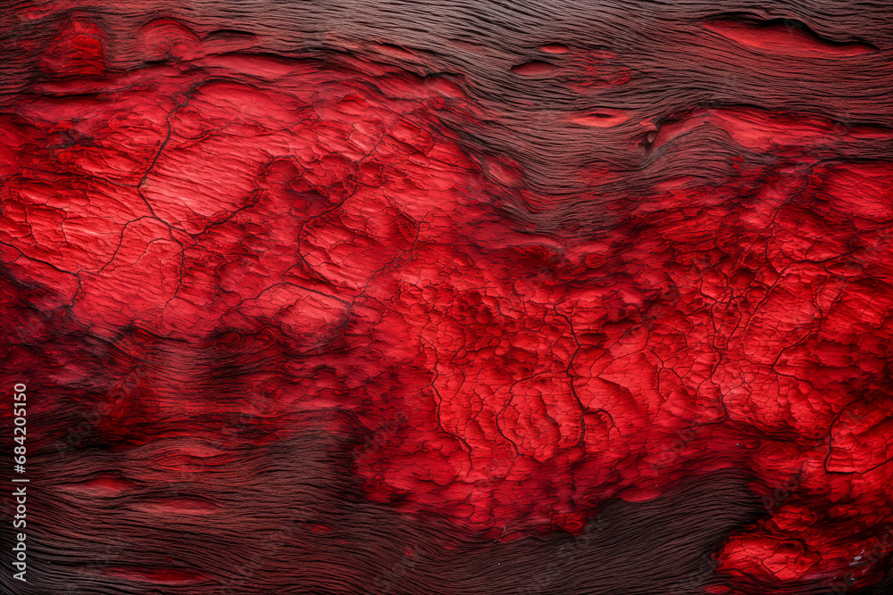 a crimson red magma texture over the wooden table top, top-view
