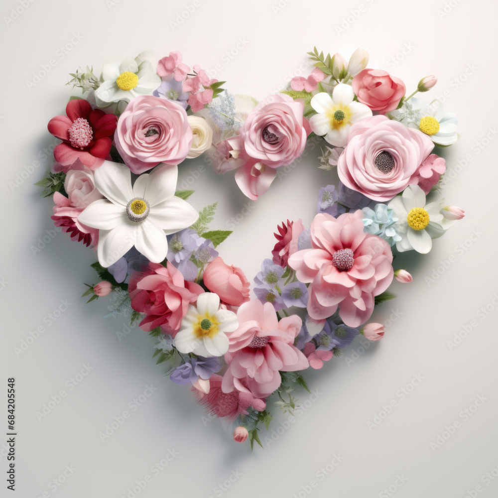 Spring flower in heart shape on white background