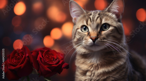 Cute cat with rose on heart shape bokeh background