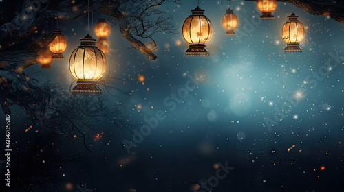 Glowing Lanterns on Starlit Background with Copy Space © ZegiDesign