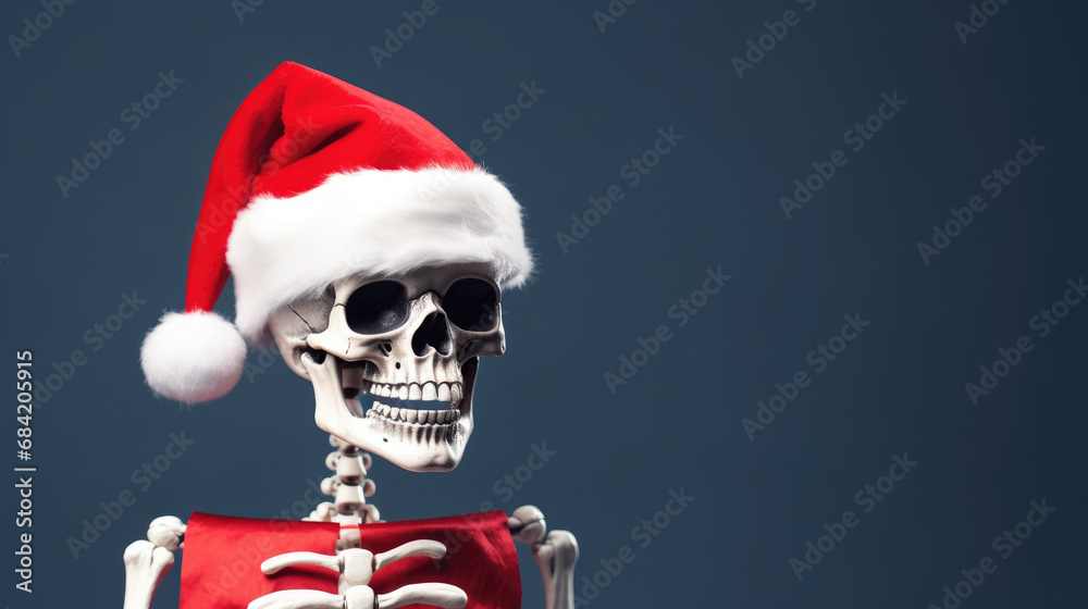 Isolated Friendly Skeleton Wearing Santa Hat with Space for Text