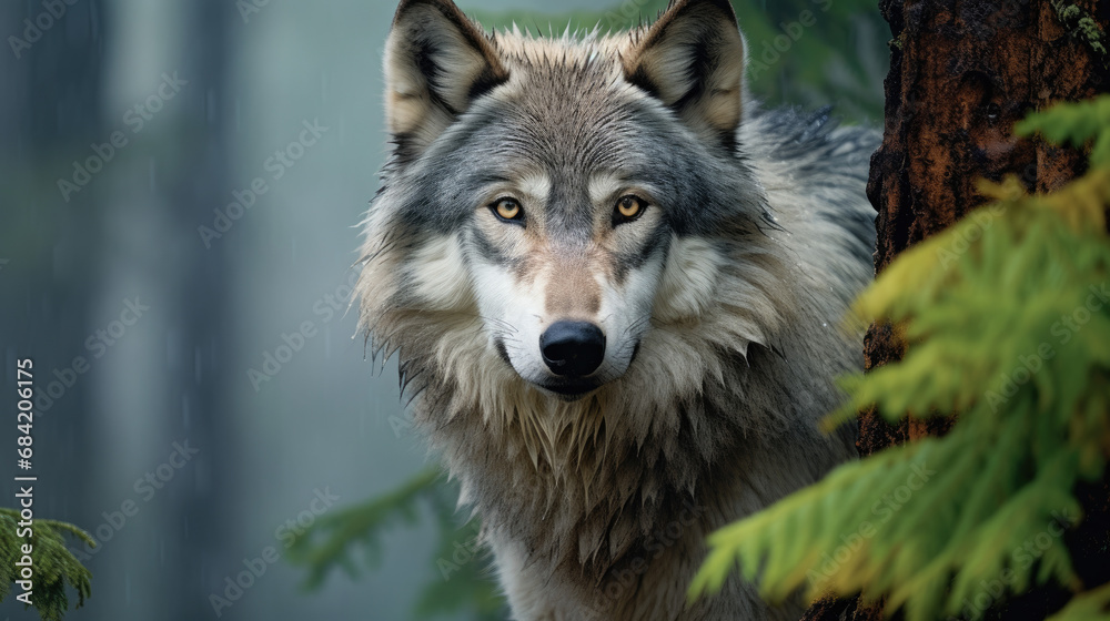Sly Gray Wolf Pausing in Misty Forest Sly Gray Wolf Pausing in Misty Forest