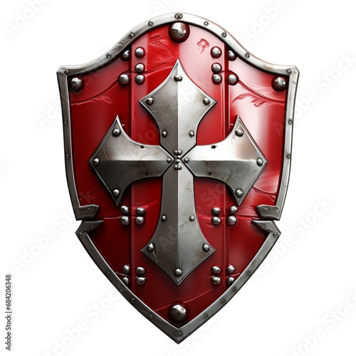 A red and silver shield with a cross on it, in the style of realistic details, isolated on transparent background