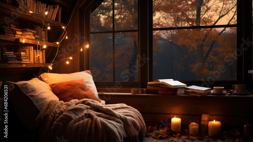 Cozy Autumn Reading Nook with Warm Lighting
