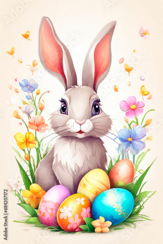 Happy easter greeting card with bunny  colourful eggs and flowers. Watercolor.