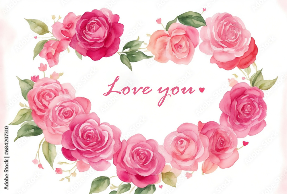 Template with watercolor flowers and heart. Decor for Valentine's Day. AI 