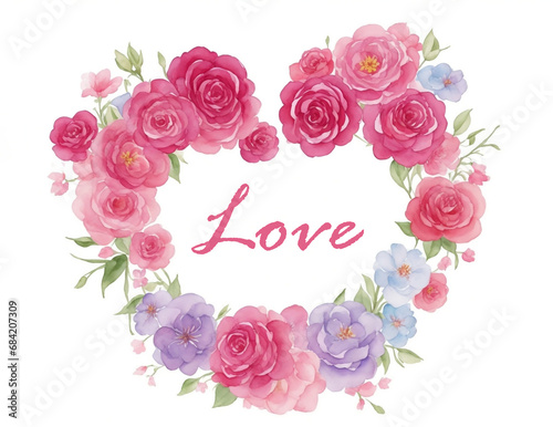 Template with watercolor flowers and heart. Decor for Valentine s Day. AI 
