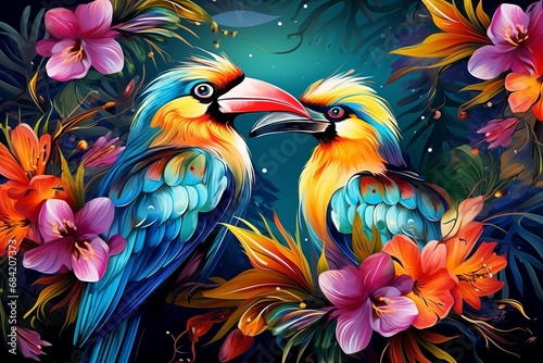 Vibrant Tropical Paradise: Uncover the Stunning Beauty of Exotic Birds & Foliage! Generative AI