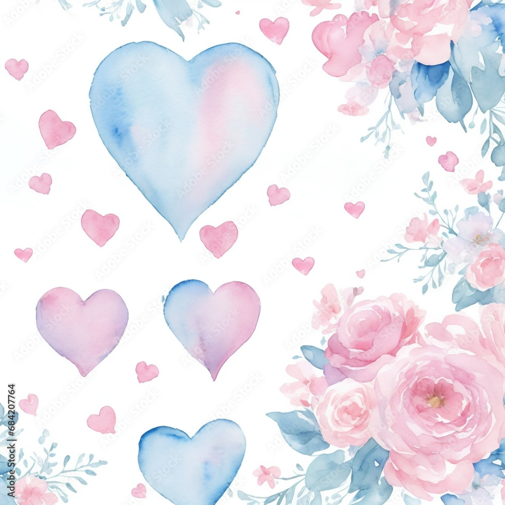 Template with watercolor flowers and heart. Decor for Valentine's Day. AI 