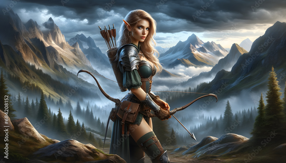 A digital painting of a young, beautiful elf woman in a warrior's ...