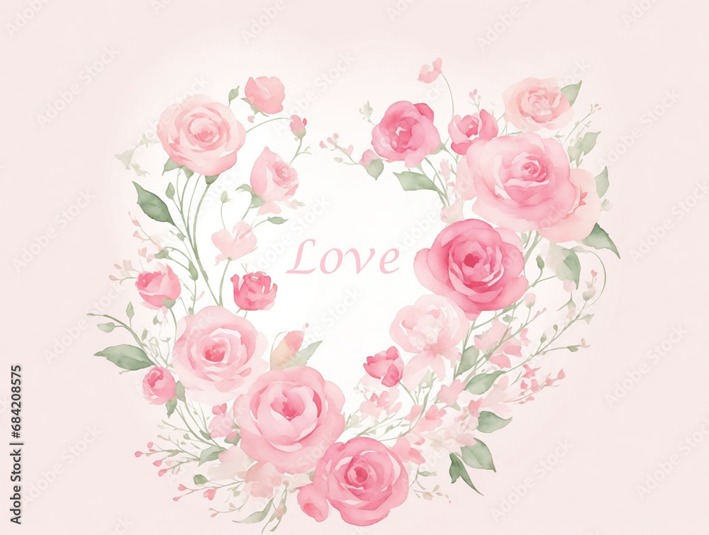 Template with watercolor flowers and heart. Decor for Valentine's Day. AI 