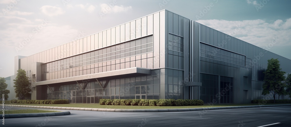 Industrial factory in flat style a vector an illustration.Plant or Factory Building.road tree window facade. Industrial factory in flat style a vector an illustration.Plant or Factory Building.road tree window facade.