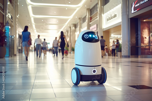 Little cute service android robot with wheels, smart technology retail business concept, at a crowded shopping mall center. Generative AI. photo