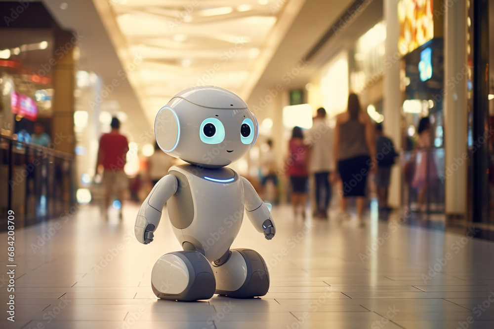 Little cute service android robot with wheels, smart technology retail business concept, at a crowded shopping mall center. Generative AI.