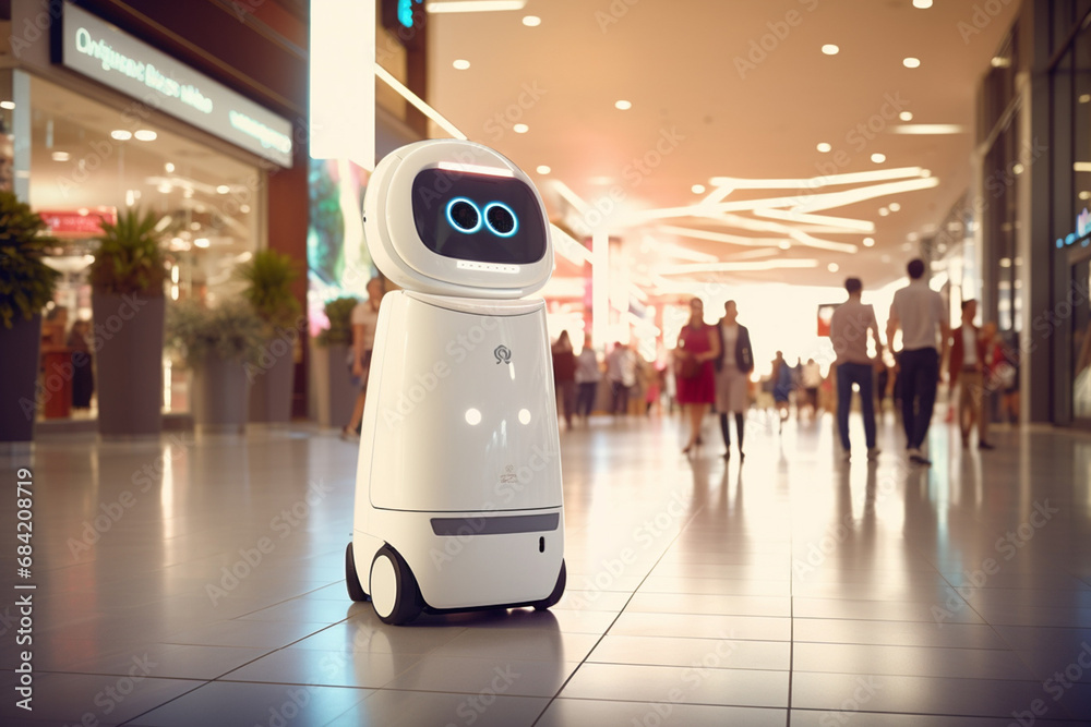 Little cute service android robot with wheels, smart technology retail business concept, at a crowded shopping mall center. Generative AI. Little cute service android robot with wheels, smart technology retail business concept, at a crowded shopping mall center. Generative AI.
