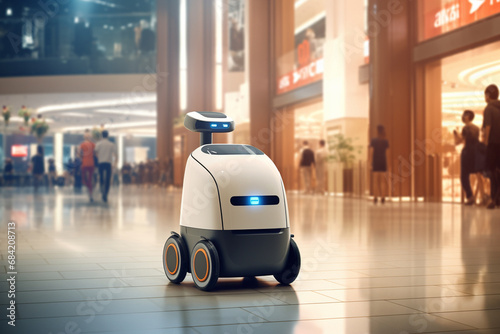 Little cute service android robot with wheels, smart technology retail business concept, at a crowded shopping mall center. Generative AI. photo