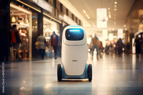 Little cute service android robot with wheels, smart technology retail business concept, at a crowded shopping mall center. Generative AI. photo
