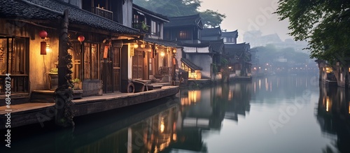 Chinese classical Jiangnan water town architecture illustration