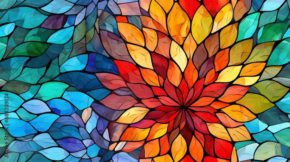 Seamless colorful stained glass mosaic with intricate designs