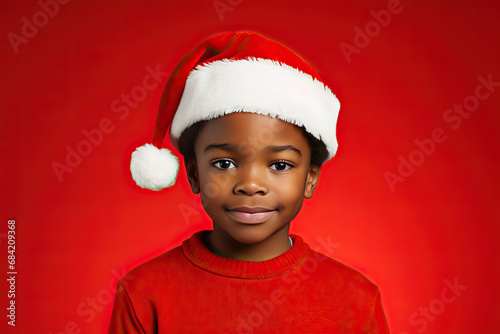 Young black boy in red wearing santa hat with red background