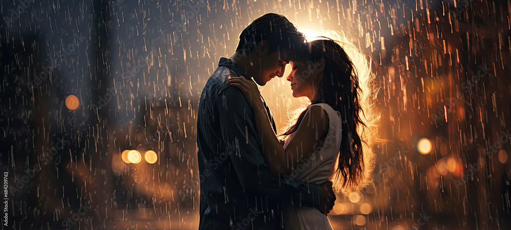 Romantic couple staring into each other’s eyes standing in the middle of the street in the rain in cinematic lighting