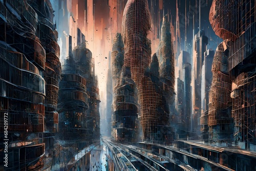 Cosmic rays blending with virtual architecture, creating an abstract and otherworldly cityscape.