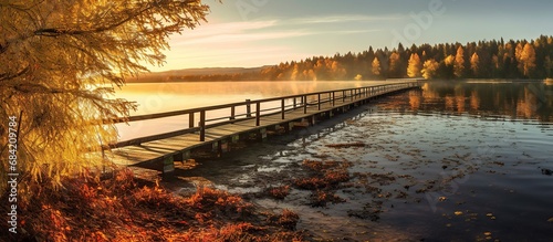 Calm Lake at Sunset  Wooden Pier with Bench