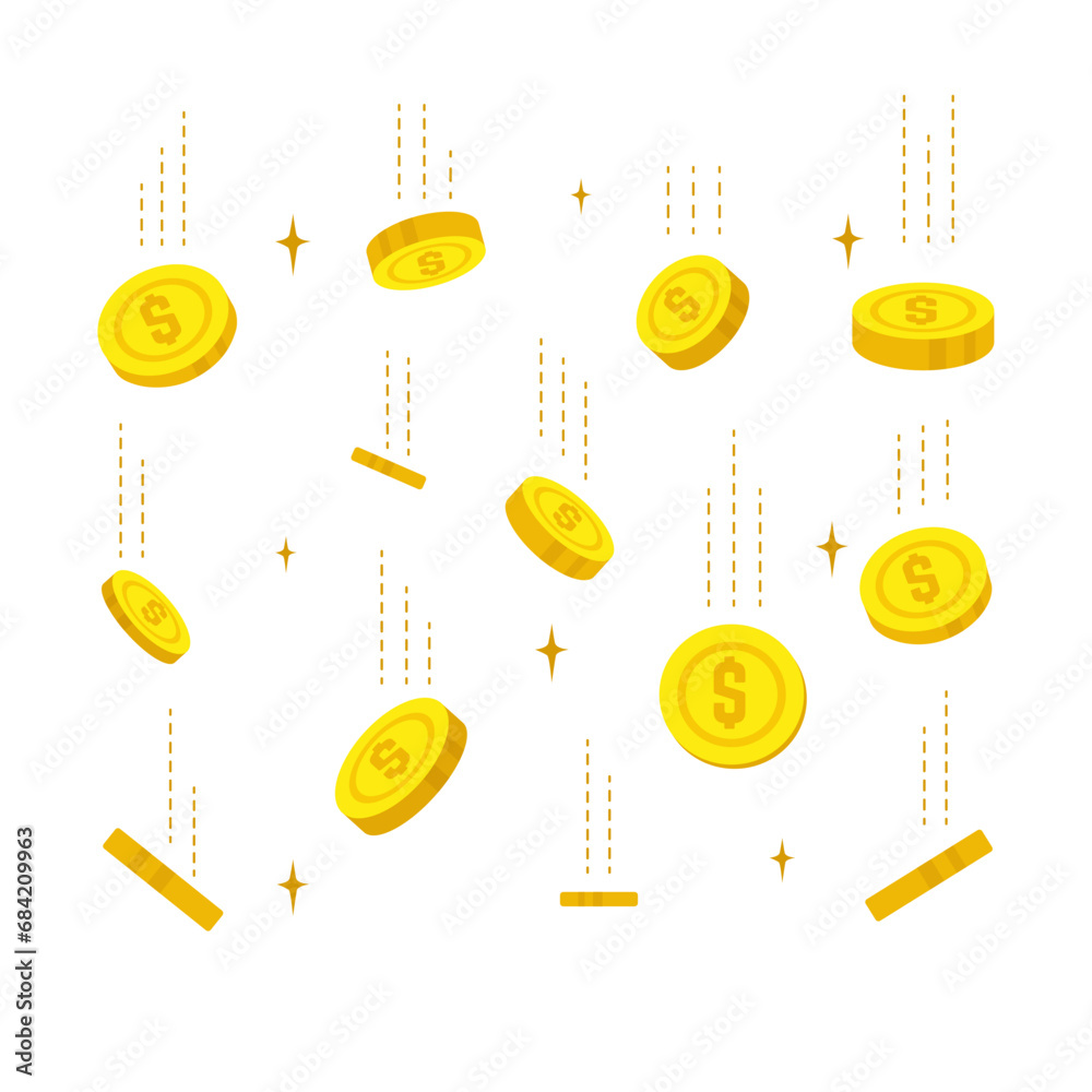 Money coins falling. Golden coin fall, financial profit rain. Simple banking banner, abstract rich or lottery win neoteric vector concept